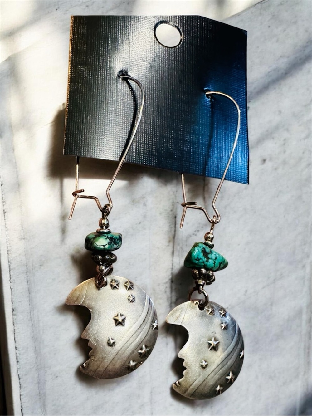 Tabra Vintage Turquoise Bead Moon & Star Dangle Earrings - Silver Tone